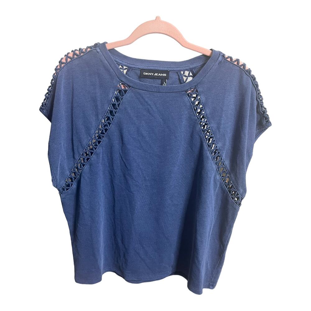 DKNY Jeans blue blouse open crossed detail boxy cropped medium large